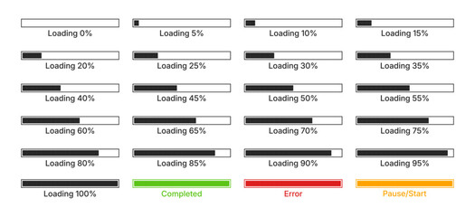 Percentage loading progress bars; featuring incremental loading percentages from 0% to 100%, along with specific Completed, Error, and Pause or Start status indicators.