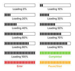 Percentage loading progress bars; featuring incremental loading percentages from 0% to 100%, along with specific Completed, Error, and Pause or Start status indicators.