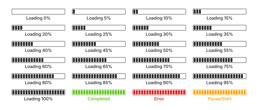 Percentage loading progress bars; featuring incremental loading percentages from 0% to 100%, along with specific Completed, Error, and Pause or Start status indicators.