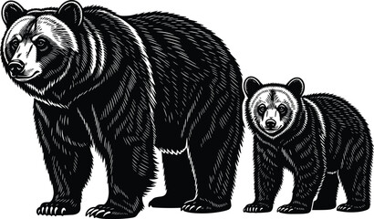 Grizzly bear and cub woodcut style illustration, wild animal family forest wildlife, mother bear with baby nature graphics. © Mst
