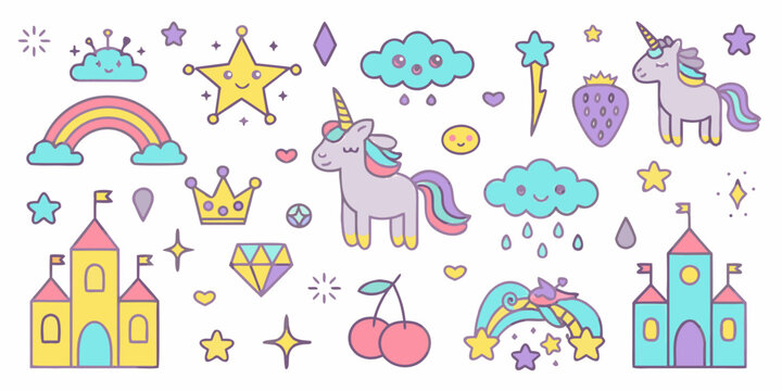 Colorful illustration of unicorns castles rainbows and magical elements