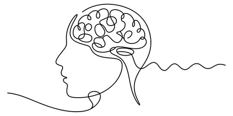 Continuous line drawing of a human profile with a brain representing thinking