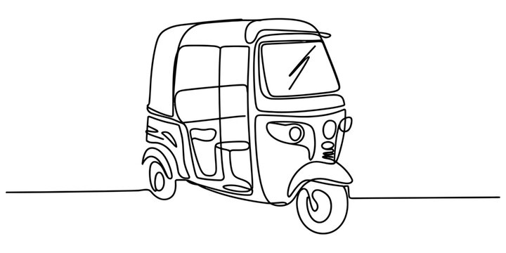 Continuous line drawing of a three-wheeled vehicle, an auto rickshaw, or tuk-tuk, on a white background