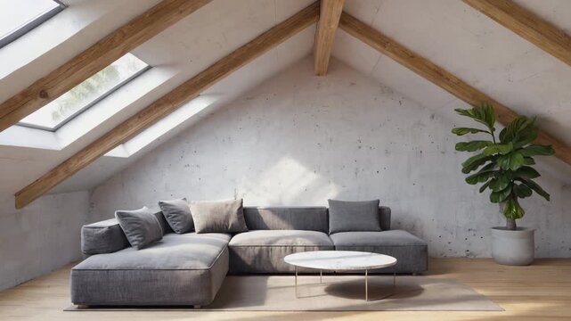 A modern Scandinavian loft interior featuring a spacious open-plan living area. The design includes a gray sectional sofa, a round coffee table, and a large indoor plant. Natural light floods the spac