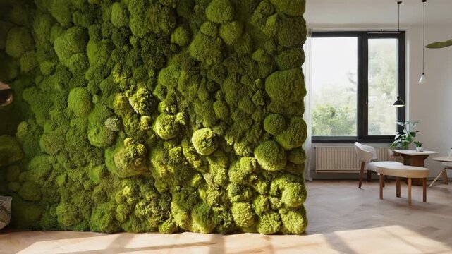 A modern Scandinavian loft interior featuring a moss green accent wall, large windows allowing natural light, and a warm, neutral color palette with earthy tones.