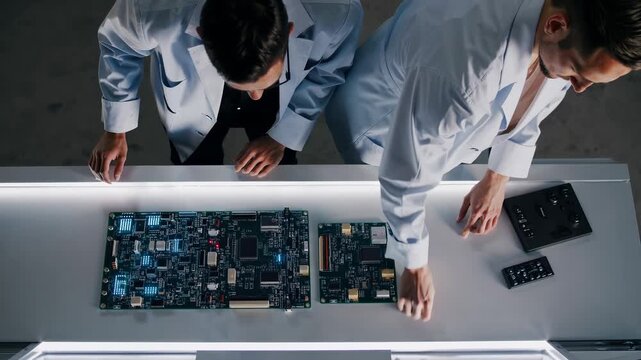 Technician and engineer explore innovation concept. Laboratory filled with microchip tools. Scientist and man analyze microchip performance. Research pushes modern technology boundaries in lab