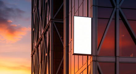 Blank Billboard on Modern Building with Sunset Sky