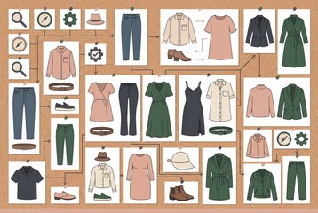 Creative fashion flowchart illustrating clothing combinations showcasing seasonal outfits with versatile accessories in a stylish layout promoting wardrobe optimization and personal expression