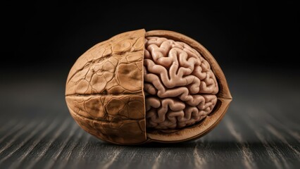 Obraz premium A realistic representation of a human brain inside a walnut shell symbolizing intelligence and creativity
