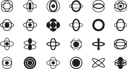 Minimalist abstract atom and orbital patterns - black and white vector icons