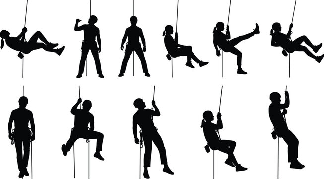 Silhouette rock climbers rappelling on rope in multiple positions showing safety equipment adventure training industrial and outdoor climbing activity set