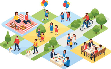 Isometric people and family park activities collection featuring picnic dining cycling dog walking and children playing with balloons for urban lifestyle community graphic design.