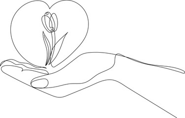 Continuous line vector illustration of an open hand holding a heart with a flower inside. Symbol of care, love, compassion, and emotional support.