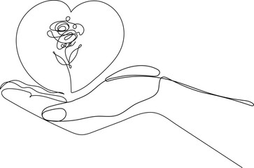 Continuous line vector illustration of an open hand holding a heart with a flower inside. Symbol of care, love, compassion, and emotional support.