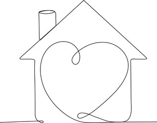 ontinuous thin line vector illustration of a house with a heart inside. Minimalist single line drawing of a luxury home, modern urban design, elegant architecture icon