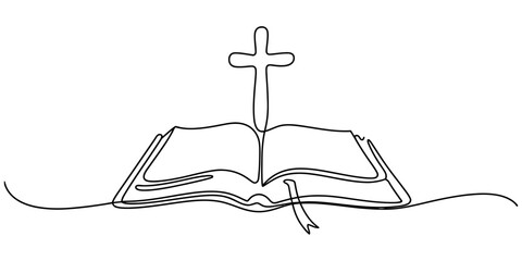 Continuous line art drawing of an open bible with a christian cross symbolizing faith © Bobita