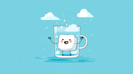 Naklejka premium A cute ice character is floating in the glass of water