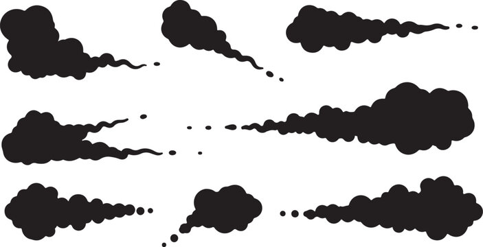 Black smoke puffs on white background illustration set