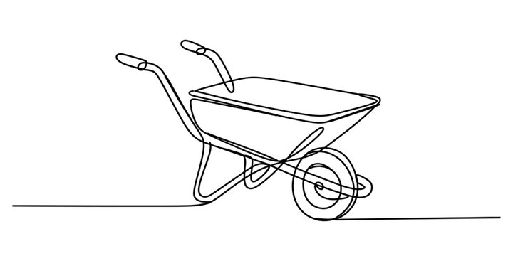 A minimalist single continuous line art drawing of a wheelbarrow on a white background