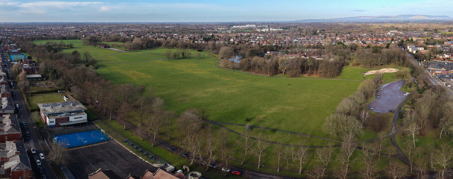 Aerial panorama of Moor Park recreational fields and sports courts in Preston. 