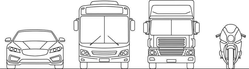 Front view line art of car, bus, truck, and motorcycle icons in black and white for transport, automotive, and vehicle design themes.