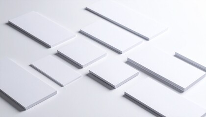 Scattered blank white rectangular cards on white background suggesting minimalism and abstract organization