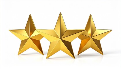 Three shiny gold five-pointed stars in horizontal row on white background with faceted reflective design