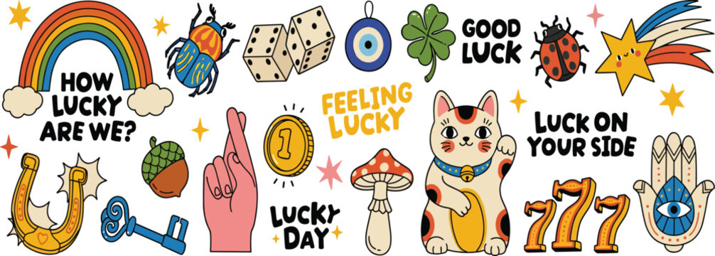 Lucky charm vector set collection of cute hand drawn good luck symbols and stickers isolated on white background for trendy design