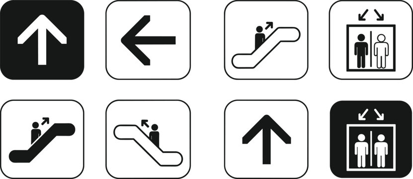 Minimalist wayfinding icons set featuring arrows escalator symbols and elevator signage for modern public transport buildings and urban navigation systems
