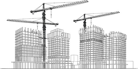 High rise building construction illustration with tower cranes urban architecture development engineering infrastructure modern city growth concept © Ariful