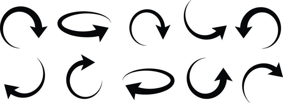 Set of Black Curved Arrow Icons and Refresh Symbols Isolated on White