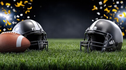 Super Bowl Game Day American Football Helmets on Grass with Confetti
