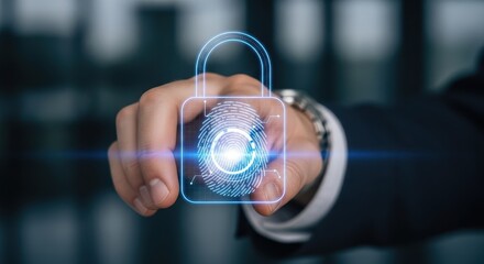 Closeup Businessman Hand interacting with virtual fingerprint lock, representing biometric security, access control, personalized safety, and identity verification.