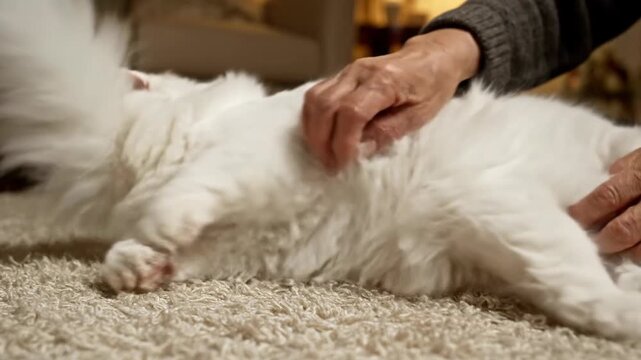 Elderly hands gently petting two fluffy white Persian cats on a carpeted floor