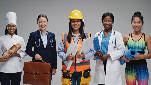 Professional Women: A group of confident women, each representing different professions, stand together with tools of their trades, embodying the essence of ambition and skill. 