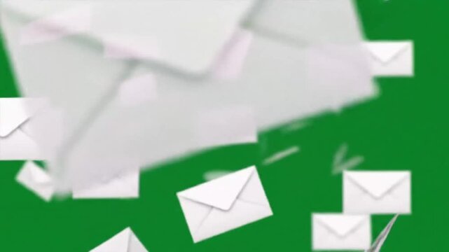 Flying white envelopes on green background for communication concept