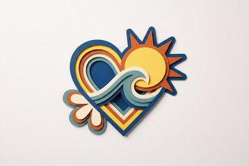 Naklejka premium Heart sculpture showcasing sun and wave motifs created with layered paper in vibrant colors symbolizing warmth creativity and emotional expression