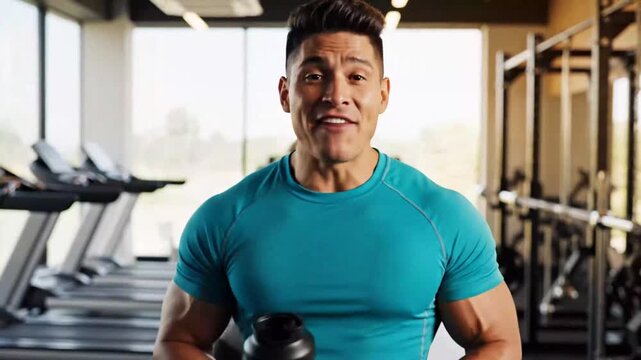 Fitness trainer gives thumbs up in modern gym setting