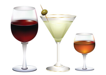 A set of alcoholic drinks in glass goblets