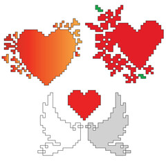 Set of pixelated hearts and doves, Valentine's Day symbol