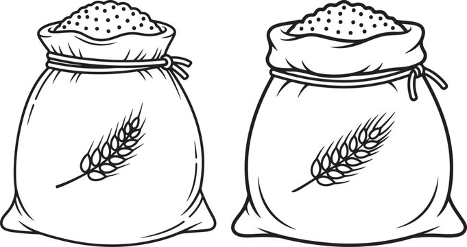 Line art illustrations of two sacks of grain with wheat stalks, representing agriculture and harvest