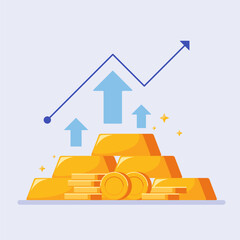 Rising gold value economic trend concept with upward arrow and line graph flat design style