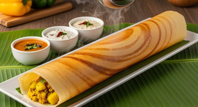Crispy Golden Masala Dosa Roll on Black Plate: Authentic South Indian Breakfast