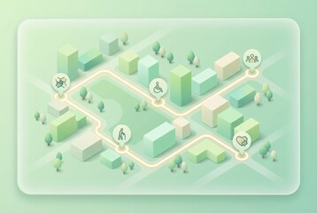 Innovative urban landscape map illustrating inclusive accessibility routes for diverse community needs featuring green spaces and modern architecture in a harmonious setting