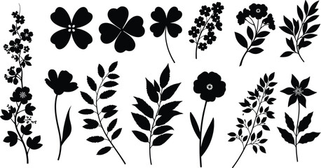 Floral and leaf silhouette vector set, black botanical shapes, nature clipart, flower icons, garden design elements, decorative foliage, minimal illustration