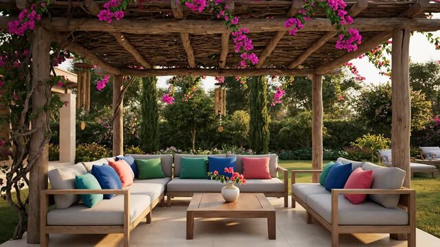 Outdoor living space, garden patio with colorful pillows and flowers