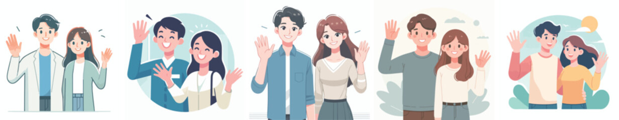 Fototapeta premium Vector of a couple saying hello. Valentine's Day theme. Vector, minimalist, illustration, icon set.