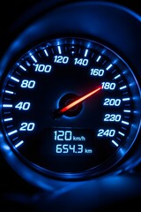 car speedometer on night with blue lights