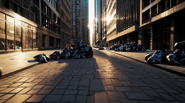 Black plastic bags full of trash pile along empty street. Garbage and plastic waste cover city pavement. Pollution and debris increase. Trash bags and litter stretch down quiet city street scene