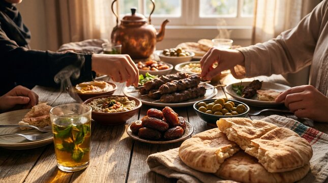 Warm inviting ramadan feast shared by a family gathered around a rustic wooden table enjoying traditional middle eastern cuisine with grilled meats dates olives and fresh bread under soft natural